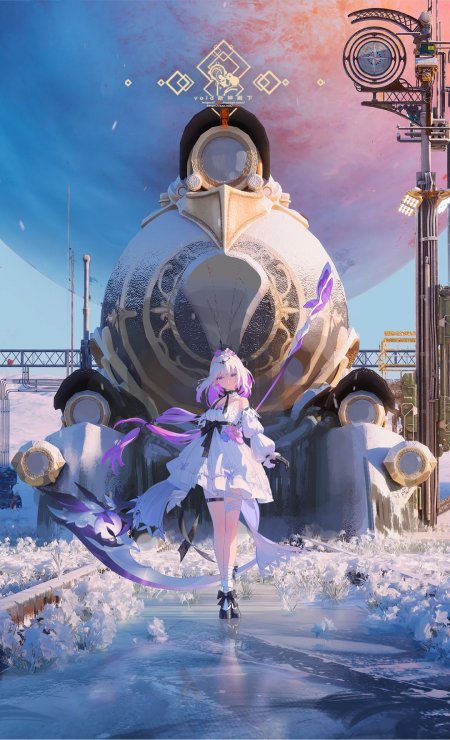 崩坏星穹铁道银狼白紫裙装持镰少女雪地巨械背景蓝粉渐变动漫手机壁纸
