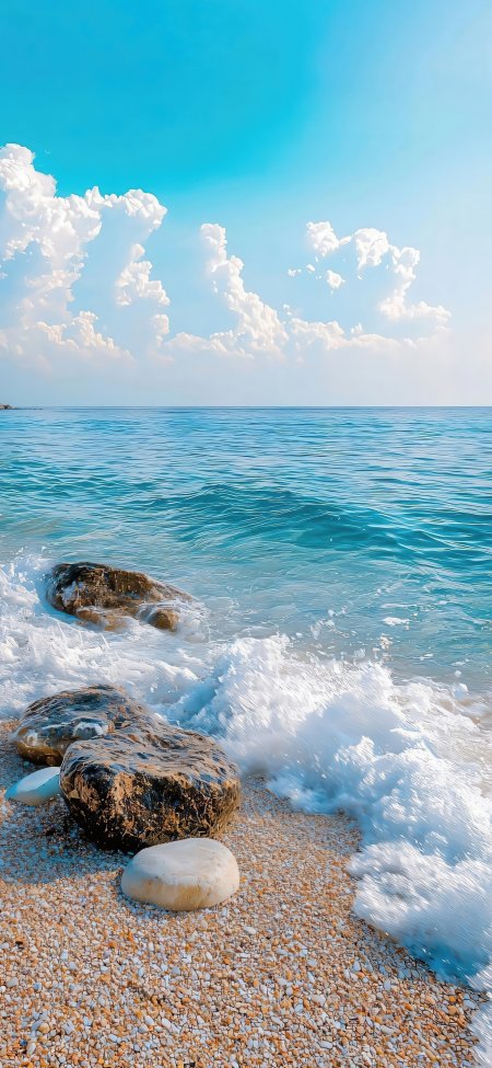 碧海蓝天白浪拍岸礁石滩涂蓝白风景手机壁纸