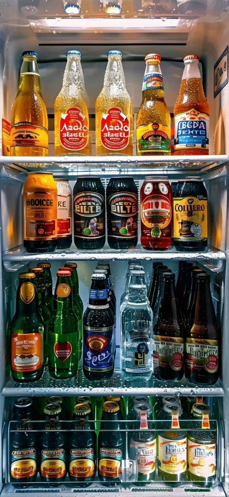 冰箱内多款冰镇啤酒瓶罐排列整齐水珠凝结蓝冷调静物特写手机壁纸