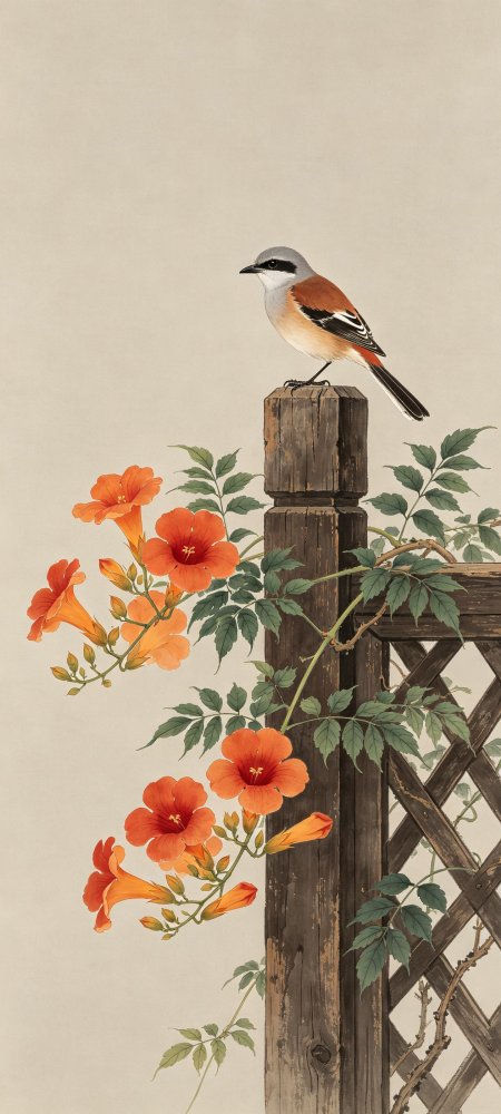 橙花藤蔓木栏小鸟栖息暖褐花卉古风绘画手机壁纸