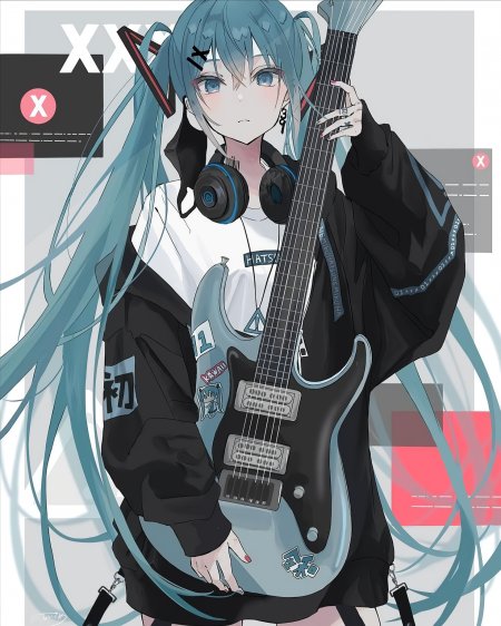 初音未来蓝发双马尾持电吉他黑衣潮酷蓝白动漫手机壁纸
