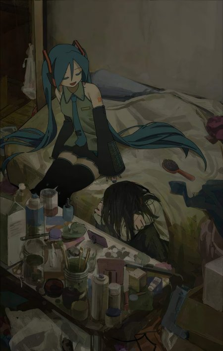 初音未来蓝发双马尾少女坐床边微笑灰绿暗调动漫手机壁纸