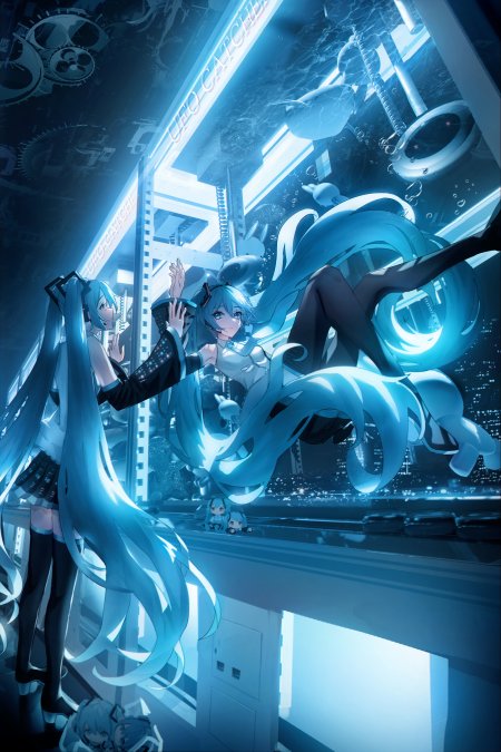 初音未来蓝发双生互动霓虹科幻动漫手机壁纸
