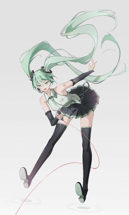 初音未来绿发双马尾持麦克风跃动姿态青绿动漫手机壁纸