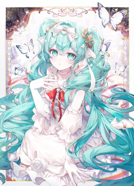 初音未来青绿双马尾白裙蝴蝶环绕粉紫唯美动漫手机壁纸