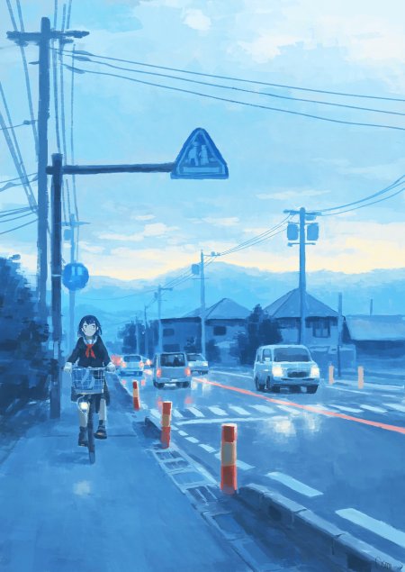 穿水手服少女骑单车雨后街道蓝调清新动漫手机壁纸