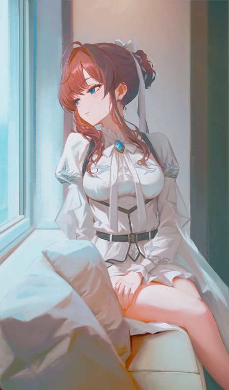 窗边静坐蓝白柔光少女动漫手机壁纸