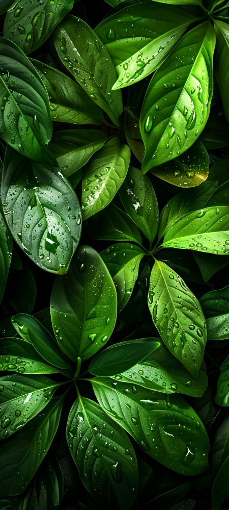 翠绿叶片水珠晶莹深绿背景花卉植物手机壁纸