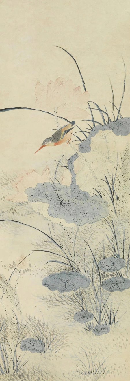 翠鸟栖荷塘莲叶淡雅水墨绘画书画手机壁纸