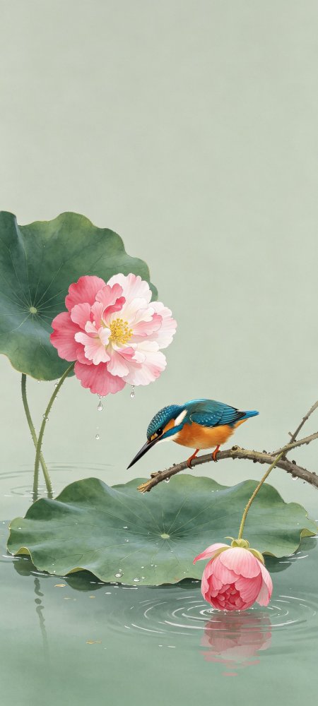 翠鸟栖枝荷塘粉莲滴水青绿古风绘画手机壁纸
