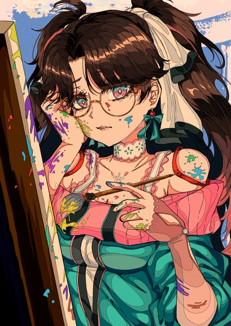 戴眼镜双马尾少女手持画笔颜料飞溅粉绿动漫手机壁纸
