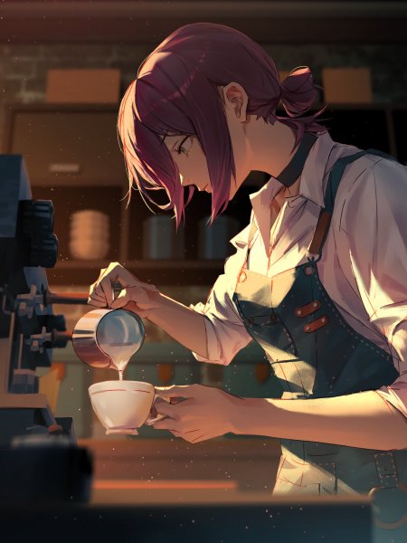 电锯人 蕾塞紫发少女咖啡师倾倒奶泡暖橙动漫手机壁纸