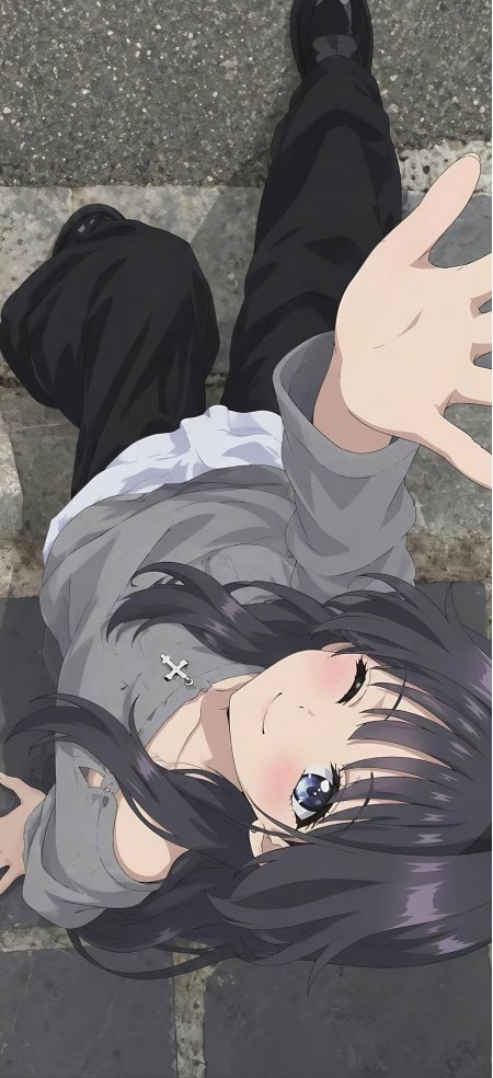 动漫角色黑发蓝眼少女仰卧伸手灰白冷调动漫手机壁纸