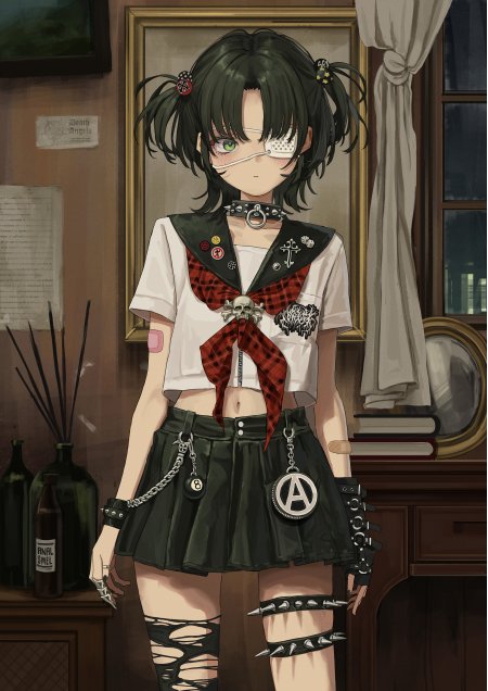 动漫角色黑发绿眼独眼少女朋克风制服暗棕色调动漫手机壁纸
