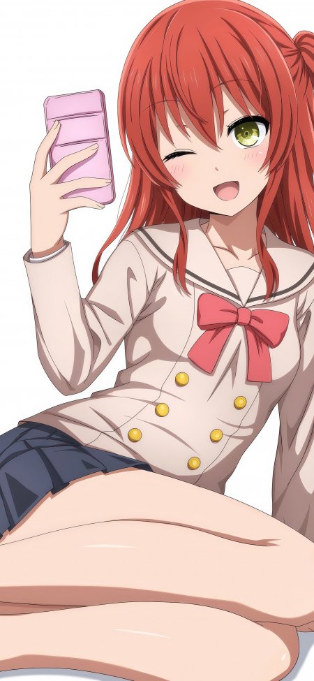 动漫角色红发绿眼少女持粉手机浅棕水手服粉紫动漫手机壁纸
