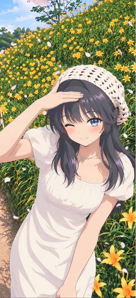 动漫少女白裙草帽微笑黄花田野蓝白清新动漫手机壁纸