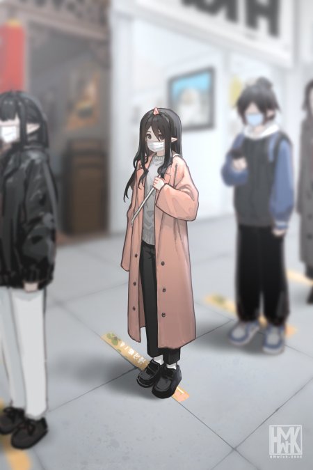 动漫少女粉衣口罩街头站立灰调动漫手机壁纸