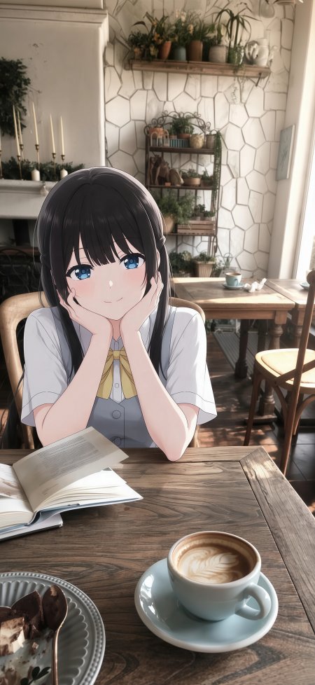 动漫少女咖啡馆读书蓝眸白裙暖光手机壁纸