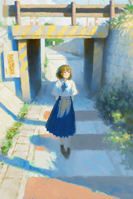 动漫少女蓝白校服石阶小巷清新蓝调动漫手机壁纸