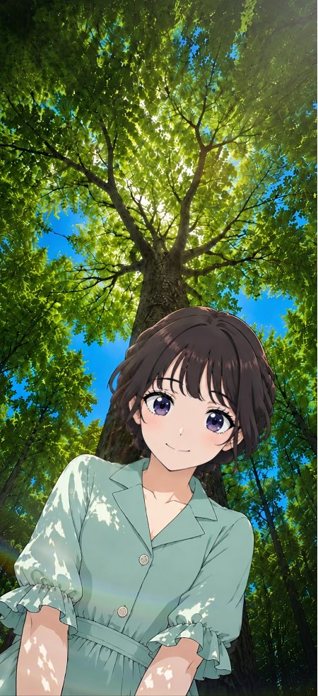 动漫少女绿裙树荫下微笑紫眸清新绿蓝风景手机壁纸