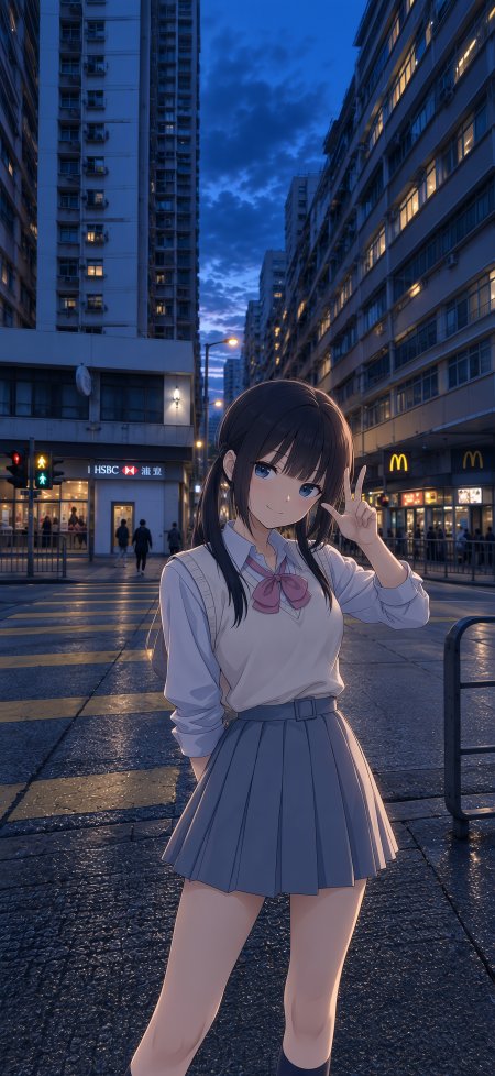 动漫少女校服比耶蓝调城市夜景唯美动漫手机壁纸