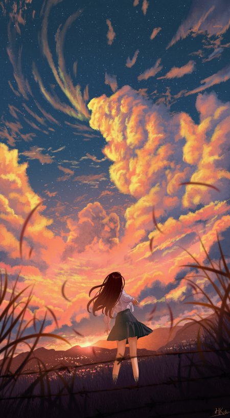 动漫少女仰望星云晚霞橙红梦幻风景手机壁纸