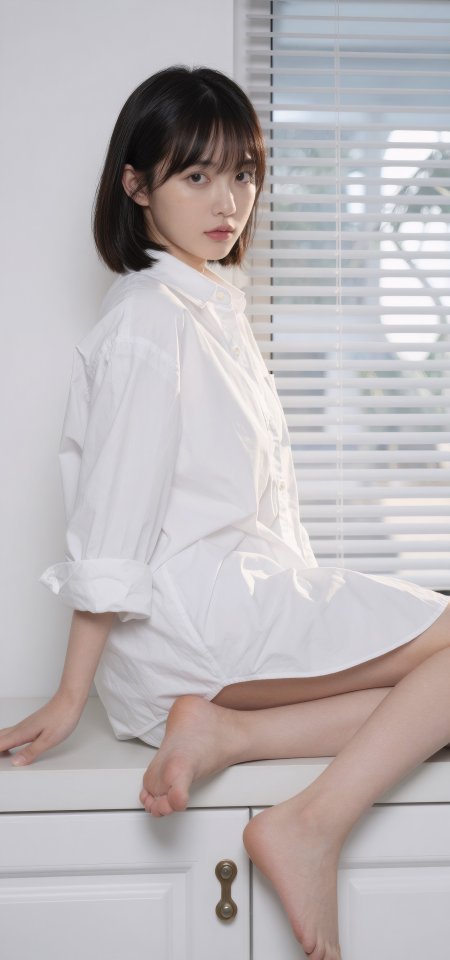 短发齐刘海白衬衫美女侧坐窗边柔光人物摄影手机壁纸