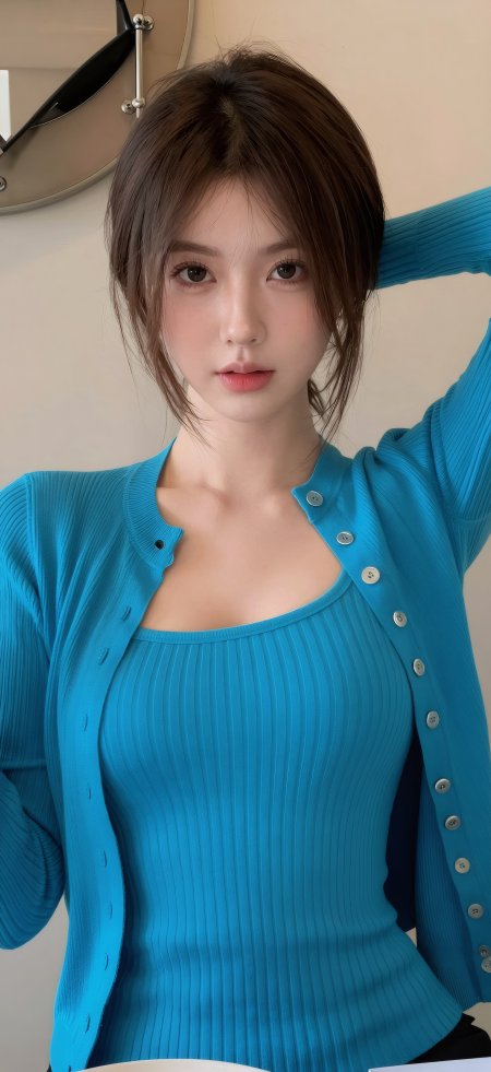 短发齐刘海蓝衣美女温柔凝视暖调人物摄影手机壁纸