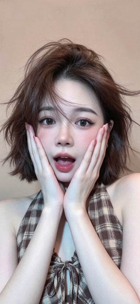 短发棕发清纯美女双手托腮睁眼惊讶暖粉人物摄影手机壁纸