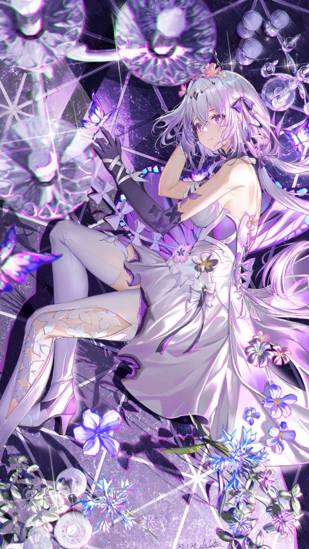 二次元白发紫裙蝴蝶少女梦幻玻璃风插画动漫手机壁纸