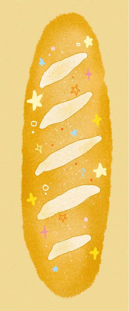 法棍面包点缀彩色星星暖黄美食插画手机壁纸