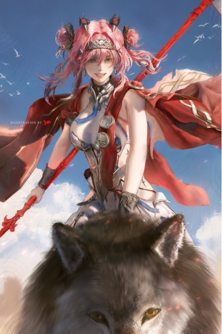 粉发少女持红枪骑狼英姿飒爽蓝白天空动漫手机壁纸