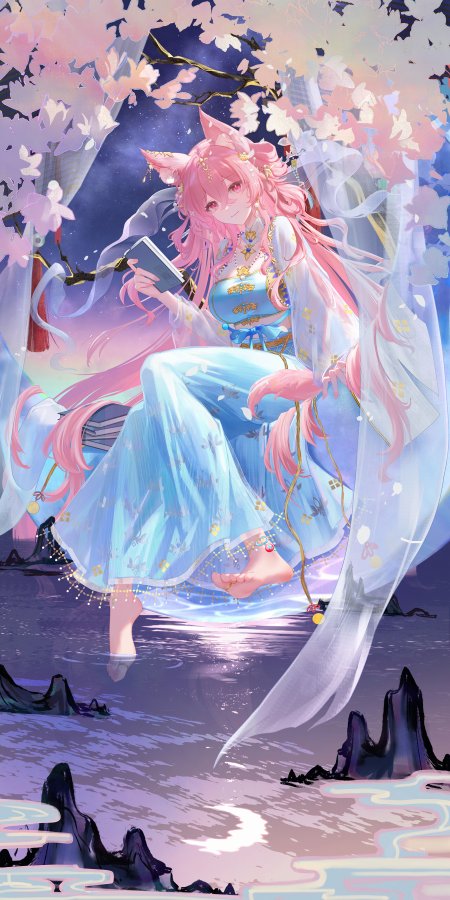 粉发狐耳少女蓝裙持书樱花夜景梦幻古风动漫手机壁纸