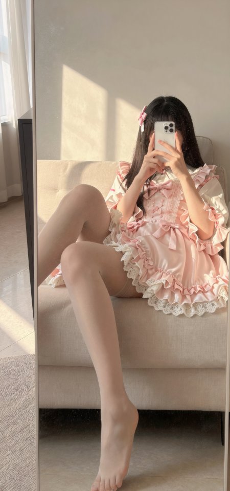 粉裙少女坐沙发持手机自拍暖金人物摄影手机壁纸