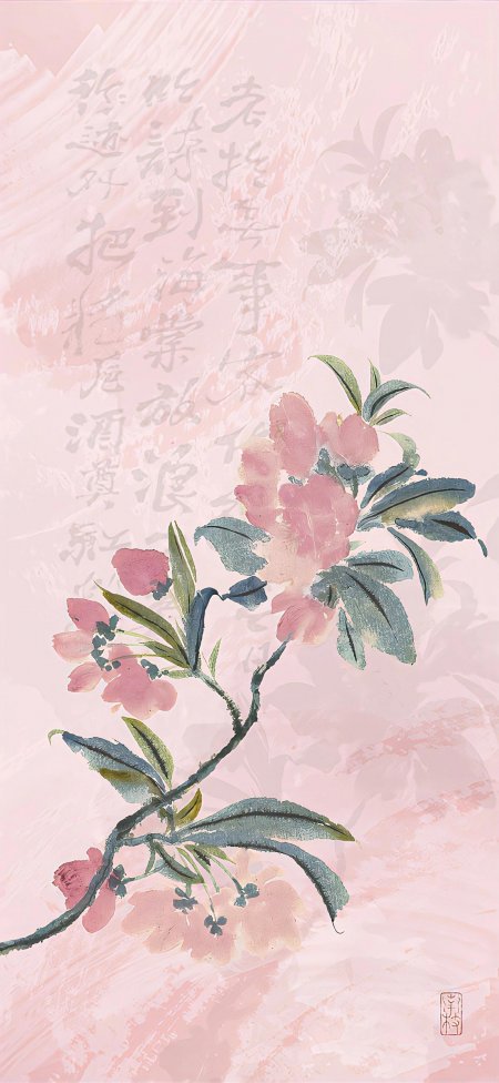 粉色牡丹花枝水墨晕染淡雅古风绘画书画手机壁纸