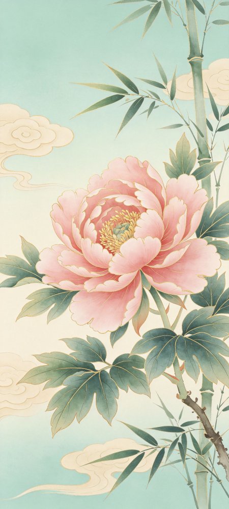 粉色牡丹盛开竹影云纹青绿古风绘画手机壁纸