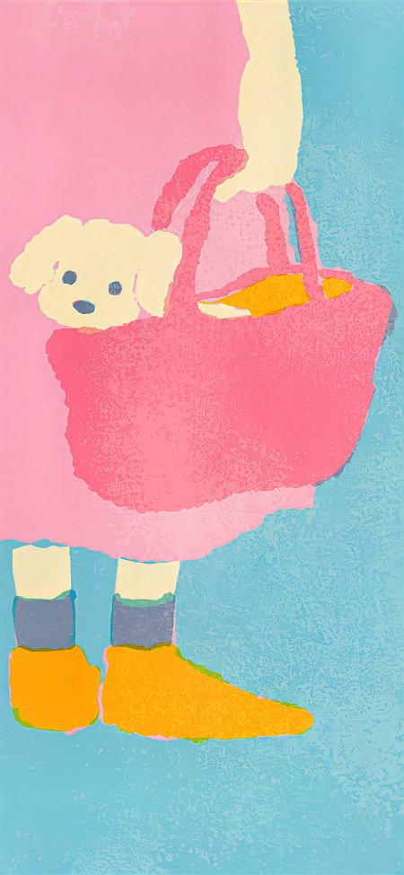 粉色小狗提篮少女插画粉蓝创意手机壁纸
