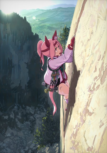 粉色双马尾猫耳少女攀岩悬崖绿谷背景动漫手机壁纸