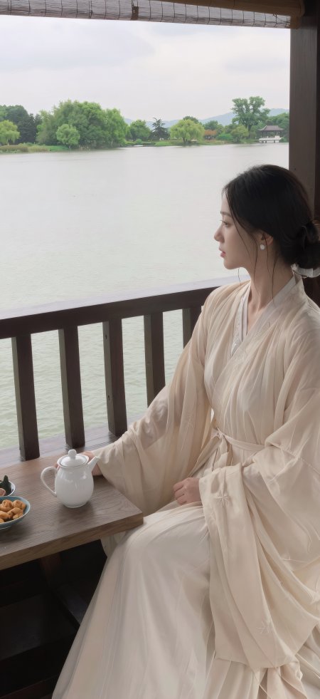 古风白衣少女临湖静坐淡雅美女手机壁纸