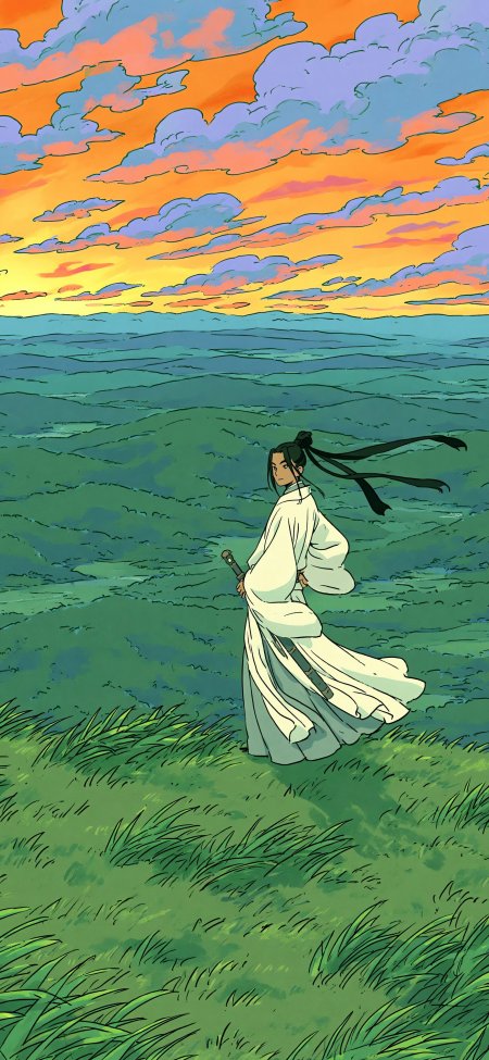 古风少年白衣持剑立于青草原野橙紫晚霞动漫手机壁纸