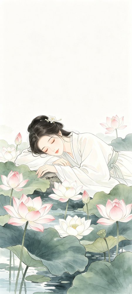 古风少女白衣卧莲池粉白绿意唯美插画手机壁纸