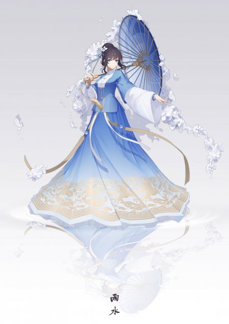 古风少女二十四节气·雨水蓝白长裙持伞飘花淡雅动漫手机壁纸