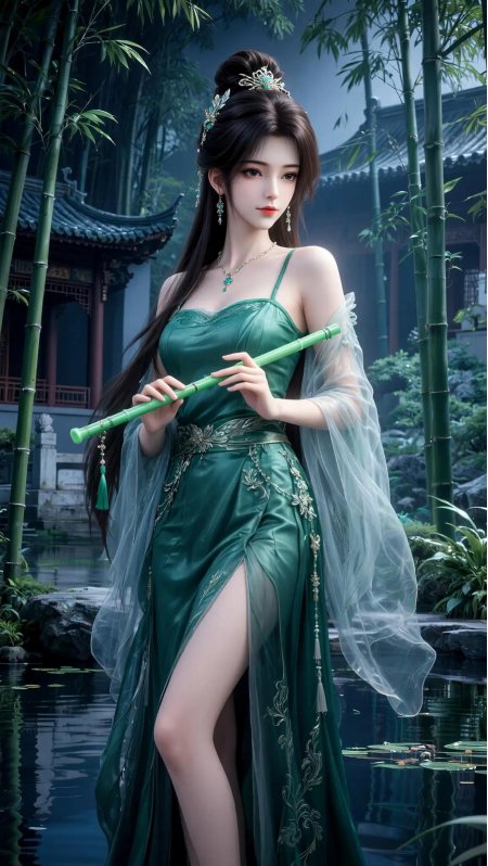 古风少女绿裙持笛竹林庭院青绿唯美动漫手机壁纸
