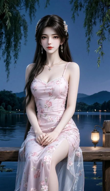 古风少女粉裙坐湖畔柳下蓝紫动漫手机壁纸