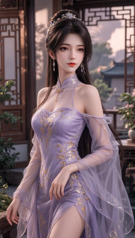 古风少女紫金刺绣旗袍典雅淡紫动漫手机壁纸