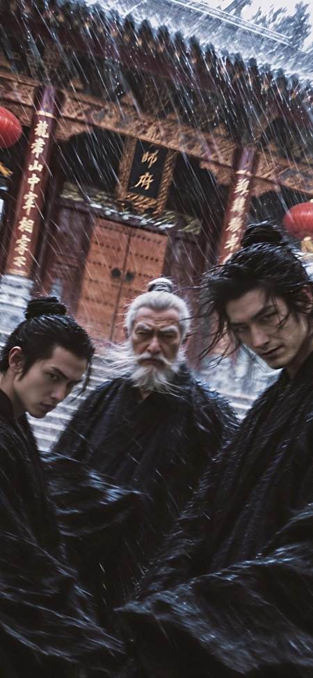 古风武侠三人雨中对峙黑袍白须青衫冷峻禅意古风手机壁纸