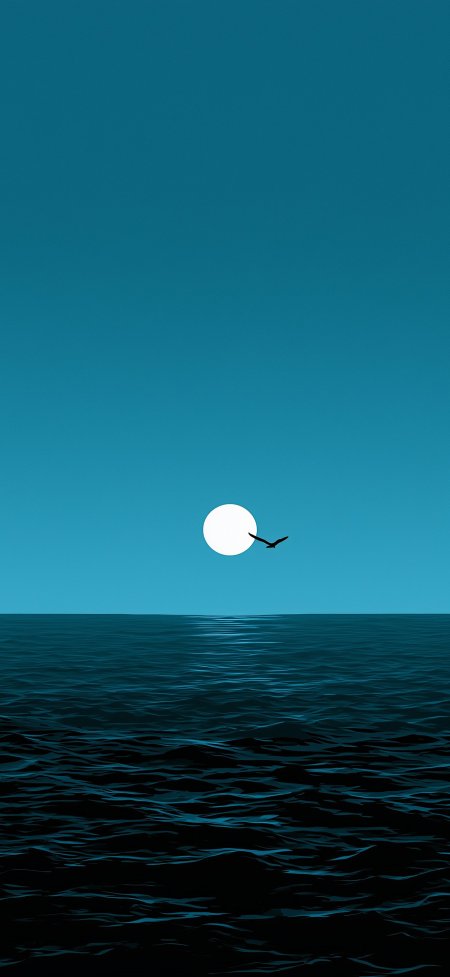 海面波光粼粼白月高悬飞鸟掠过蓝黑渐变风景手机壁纸