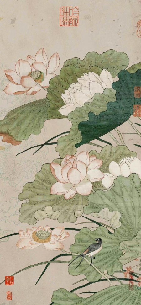 荷花翠鸟工笔花鸟淡雅古风绘画手机壁纸