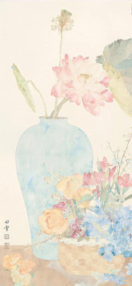 荷花牡丹绣球花蓝釉瓷瓶浅粉淡蓝绘画古画手机壁纸