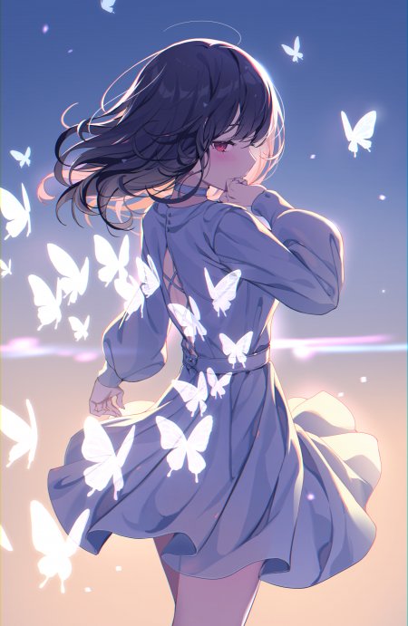 黑发红瞳少女回眸微笑白蝶环绕蓝紫渐变动漫手机壁纸